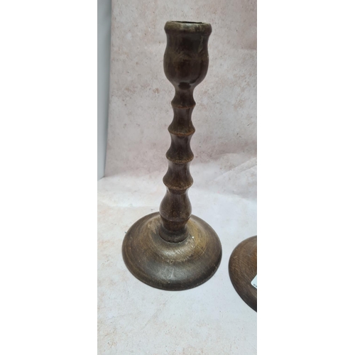 95 - Pair of Barley Twist Oak Candlesticks