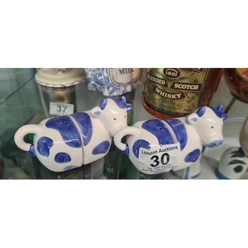 30 - Pair of Novelty Cow Salt & Peppers, a Pair of Delft Salt & Peppers + 1 Other