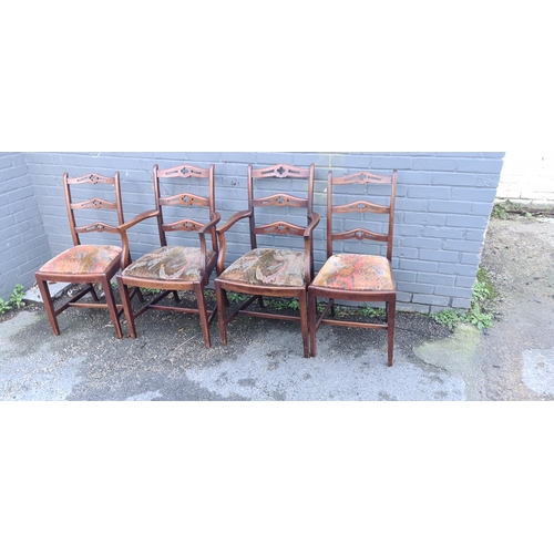 605 - Lot of 4 Antique Chippendale Style Ladderback Dining Chairs (2 Carvers Included)