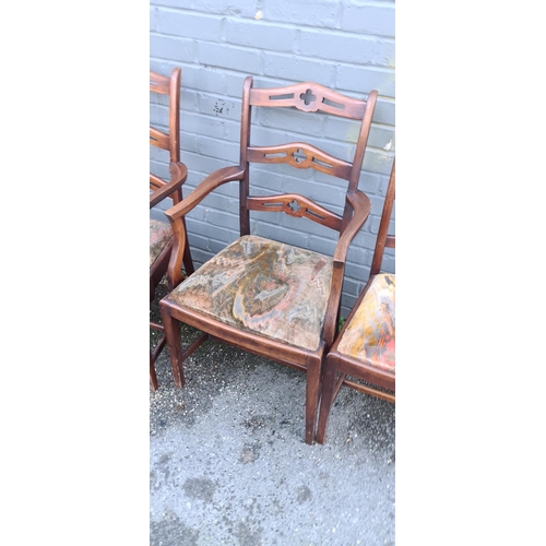 605 - Lot of 4 Antique Chippendale Style Ladderback Dining Chairs (2 Carvers Included)