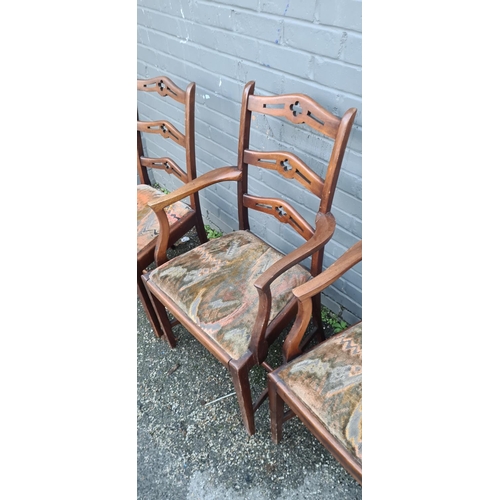 605 - Lot of 4 Antique Chippendale Style Ladderback Dining Chairs (2 Carvers Included)