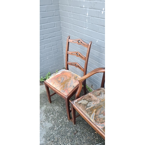 605 - Lot of 4 Antique Chippendale Style Ladderback Dining Chairs (2 Carvers Included)