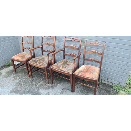 605 - Lot of 4 Antique Chippendale Style Ladderback Dining Chairs (2 Carvers Included)