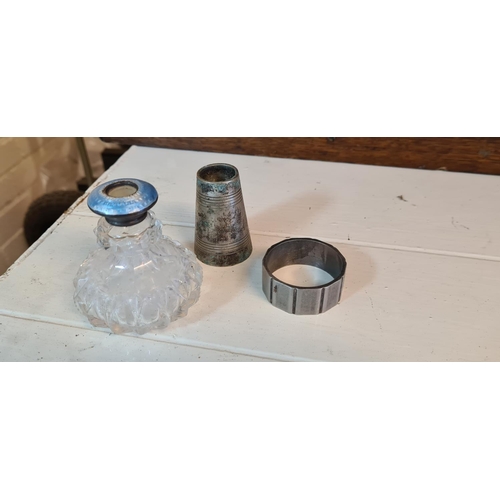 640 - Silver Rimmed Cut Glass Scent Bottle (No lid) and 2 other white metal items