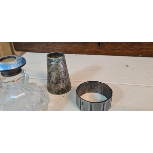 640 - Silver Rimmed Cut Glass Scent Bottle (No lid) and 2 other white metal items