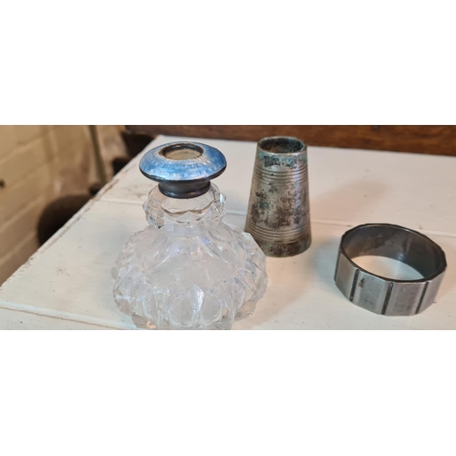 640 - Silver Rimmed Cut Glass Scent Bottle (No lid) and 2 other white metal items