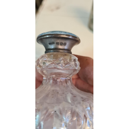 640 - Silver Rimmed Cut Glass Scent Bottle (No lid) and 2 other white metal items