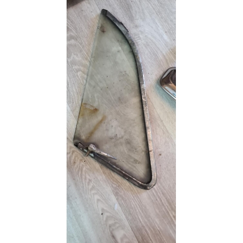 645 - 2 Rear Quarter Windows from a Morris Minor and an unused Desmo 1002 Classis Mirror