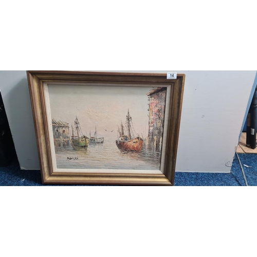 14 - Oil on Canvas Harbour Scene Signed Rodman 62cm x 52cm