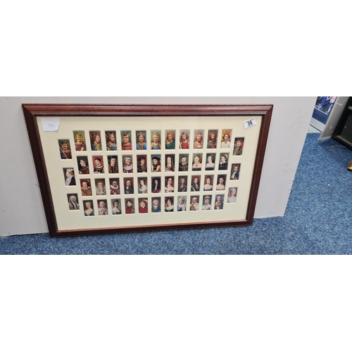 36 - Framed Complete Set of 1935 John Players Kings and Queens Cigarette Cards 73cm x 45cm