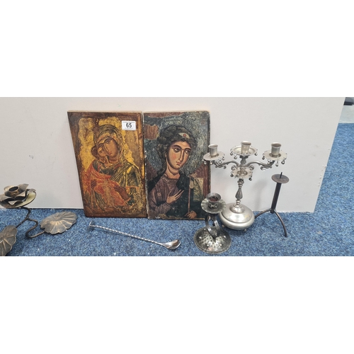 65 - 2 Religious Icons and a selection of church candlesticks etc