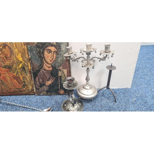 65 - 2 Religious Icons and a selection of church candlesticks etc