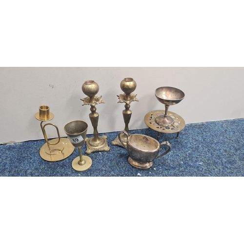 69 - Unusual Pair of Brass Candlesticks and other Brass & Silver Plated Items