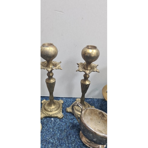 69 - Unusual Pair of Brass Candlesticks and other Brass & Silver Plated Items