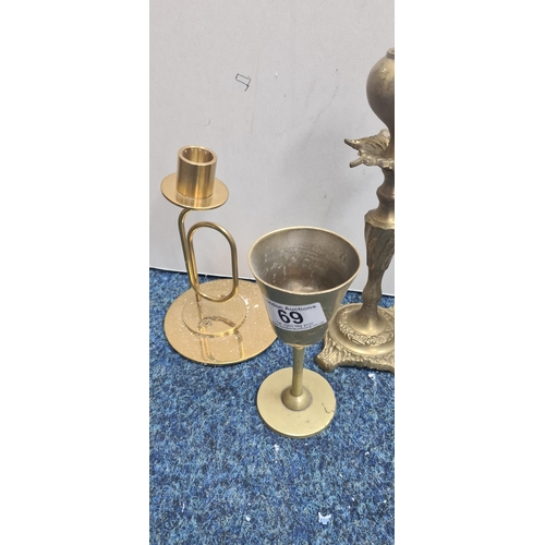 69 - Unusual Pair of Brass Candlesticks and other Brass & Silver Plated Items