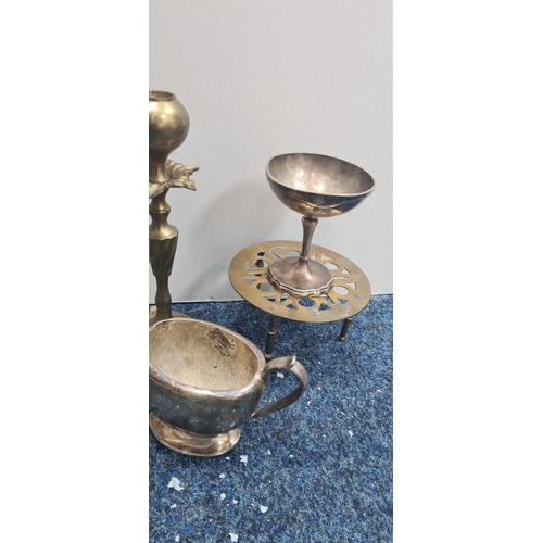 69 - Unusual Pair of Brass Candlesticks and other Brass & Silver Plated Items