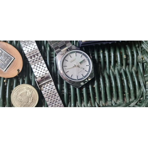 263 - Mixed Lot Containing Old Badges, old £2 coin, silver ring, silver keyring, Citizen Watch Working, a ... 
