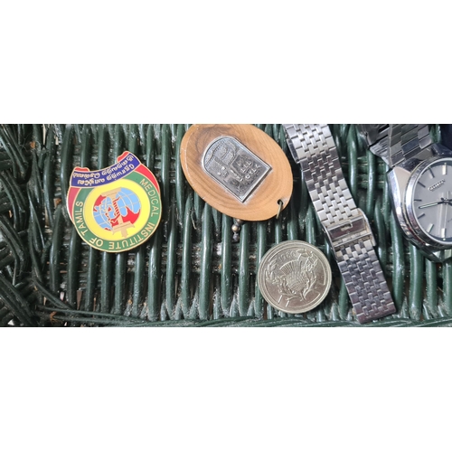 263 - Mixed Lot Containing Old Badges, old £2 coin, silver ring, silver keyring, Citizen Watch Working, a ... 