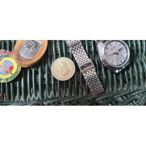 263 - Mixed Lot Containing Old Badges, old £2 coin, silver ring, silver keyring, Citizen Watch Working, a ... 