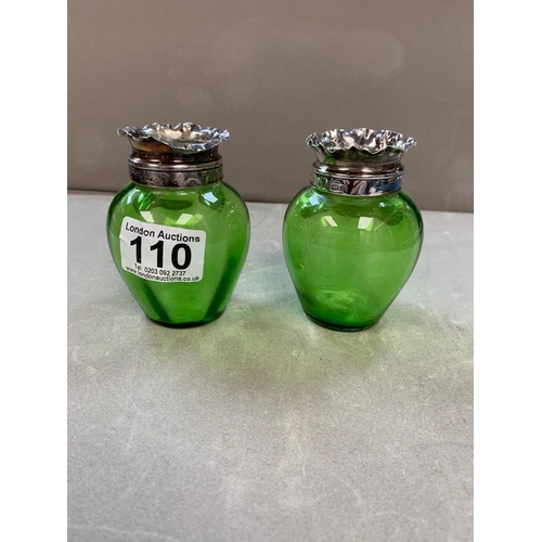 110 - Pair of Henry Bourne Art Nouveau Green Glass Vases with Hallmarked Silver Tops c.1900