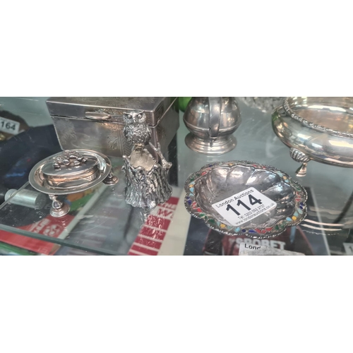 114 - White Metal Dish Marked 1000, Hallmarked Silver Pill Box & a Silver Dish (51g) and a signed White Me... 