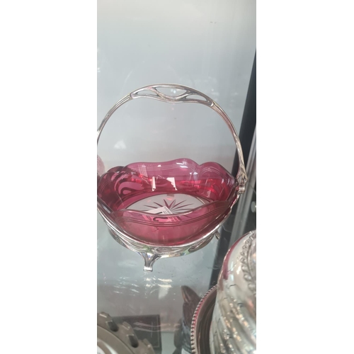 121 - WMF Cranberry Glass Dish in a Silver Plated Basket