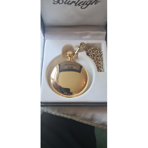 76 - Burleigh Gold Plated Pocket Watch with Albert Chain New and Boxed