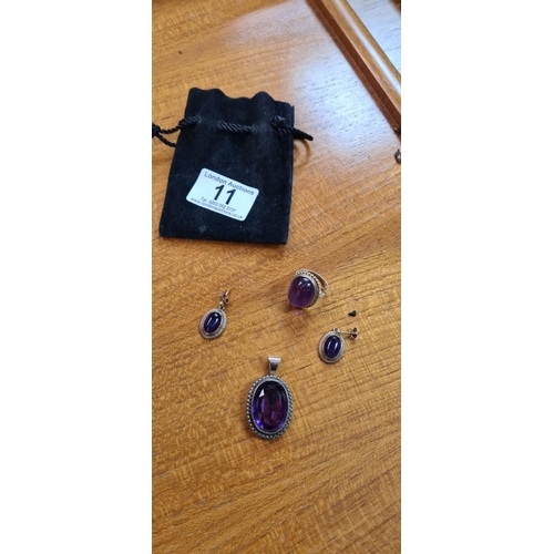 11 - Set of 9ct Gold and Amethyst Jewellery Consisting of a Ring (size m), Earrings and Pendant