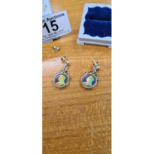 15 - A Pair of Earrings Fashioned from 2 1900 Enameled Victorian 2 Pence Coins in 9ct Gold Mounts