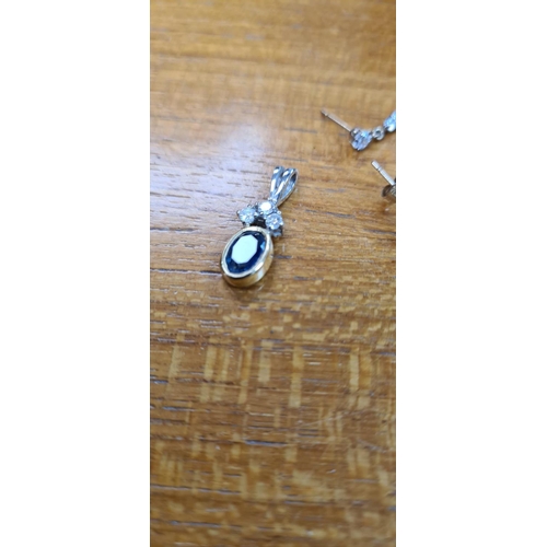 16 - A 9ct White Gold, Yellow Gold Pendant with 1 Sapphire and a Trilogy of Diamonds plus a Pair of 9ct G... 