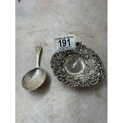 191 - Georgian Hallmarked Silver Caddy Spoon and a Decorative Hallmarked Silver Dish