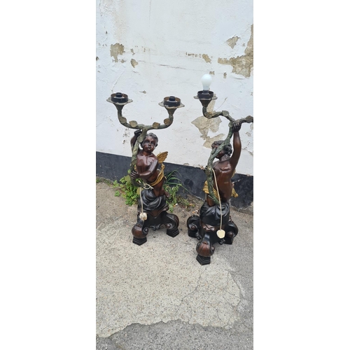 1A - Pair of Good Detailed Bronze Cherub Lamps 1 Metre Tall ( Converted to Electric)