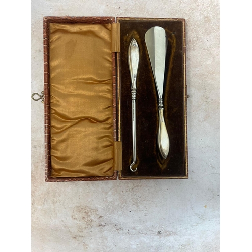 407 - Silver Button Hook & Shoe Horn in Original Leather Case