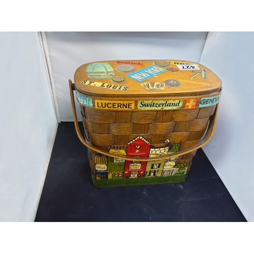 426a - Unusual Custom Made Basket with various coins, stickers etc