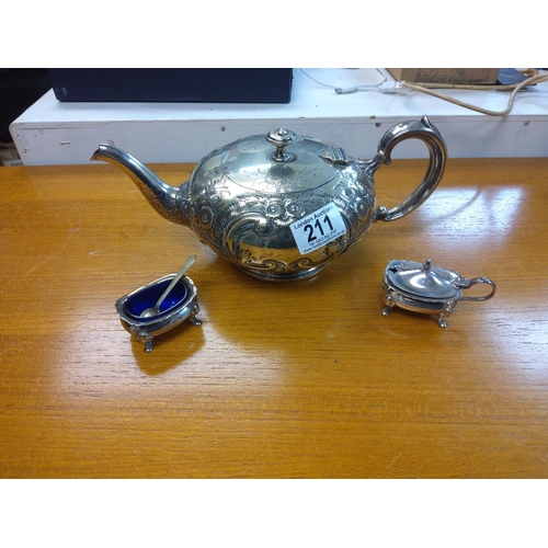 211 - Maplin and Webb Silver Plated Teapot and 2 Plated Salts with Blue Glass Liners