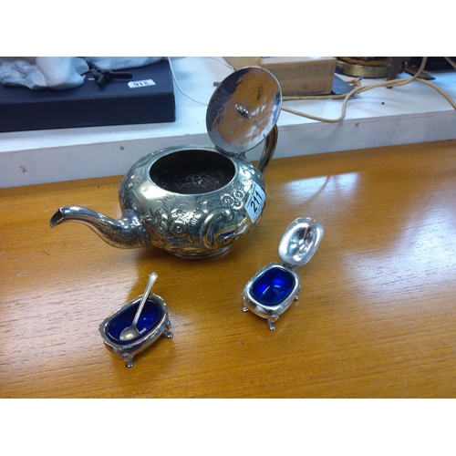 211 - Maplin and Webb Silver Plated Teapot and 2 Plated Salts with Blue Glass Liners