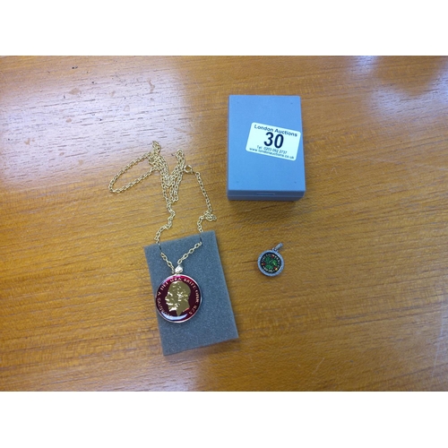 30 - Enameled 1936 Half Crown Pendant with a Chain and an Enameled 1936 3 Pence Pendant