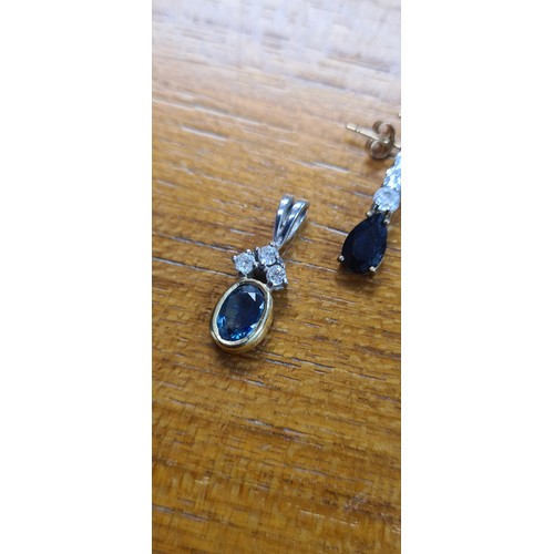 16 - A 9ct White Gold, Yellow Gold Pendant with 1 Sapphire and a Trilogy of Diamonds plus a Pair of 9ct G... 