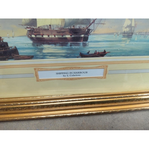 766 - 3 19th Century Lithographs in Matching Frames: Shipping in Harbour-S Colacicoo, A Busy Street-Louise... 