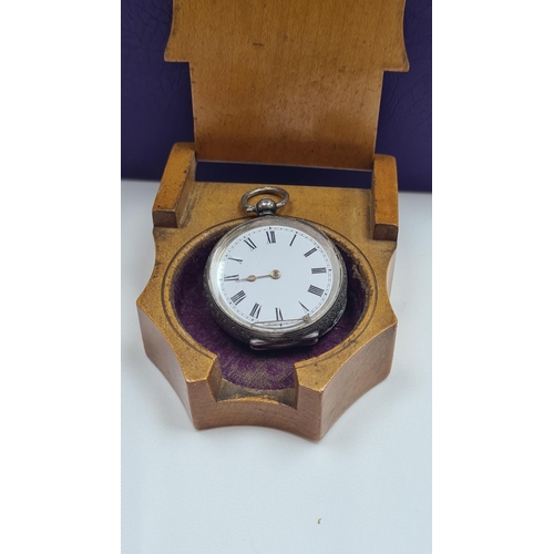 45 - 935 Silver Pocket Watch AF inside a wooden watch holder