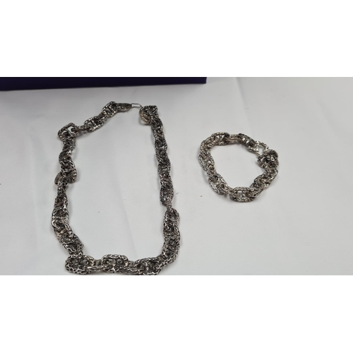 52 - Hammered Silver Chain & Bracelet Set 130g