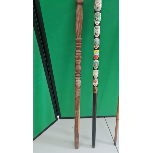 109 - 3 Vintage Walking Sticks one with Various Crests