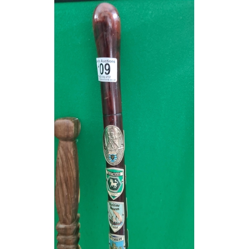 109 - 3 Vintage Walking Sticks one with Various Crests