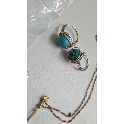 142 - Yellow Metal Chain, a Vintage Calibri Lighter, a turquoise wire ring and a jade wire ring