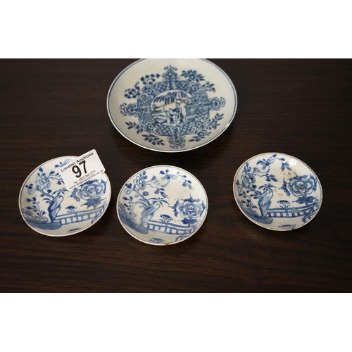 97 - Lot of 3 Small 18th Century Blue and White Dishes (8cm) plus 1 Larger (10cm) af