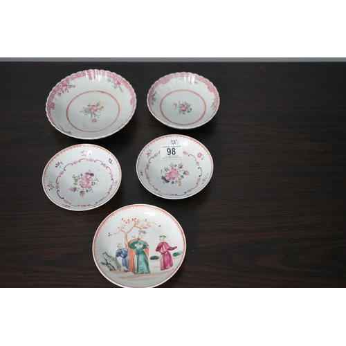 98 - A Pair of Chinese Famille Rose Qianlong 12cm Tea Saucers, another matching set of saucers (16cm &13c... 