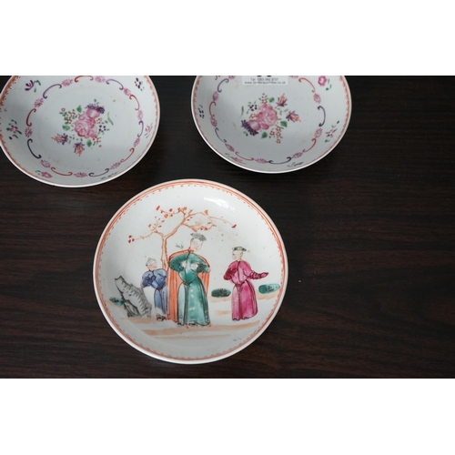 98 - A Pair of Chinese Famille Rose Qianlong 12cm Tea Saucers, another matching set of saucers (16cm &13c... 