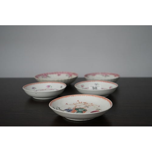 98 - A Pair of Chinese Famille Rose Qianlong 12cm Tea Saucers, another matching set of saucers (16cm &13c... 