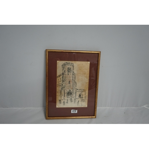 419 - 1920s Charcoal Sketch of the Church in Graton-AR Thomas 32cm x 43cm