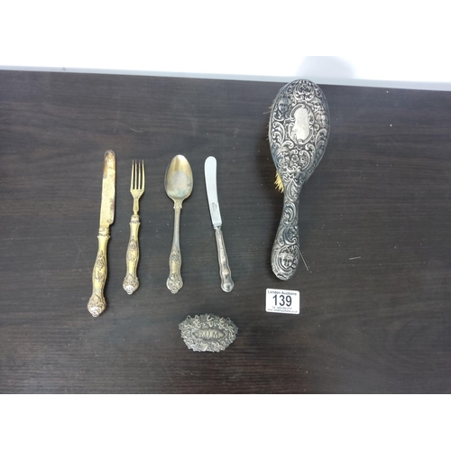 139 - Lot of Silver Items incl. Brush, Cutlery and Decanter Tag (Weight-148g + the Brush)